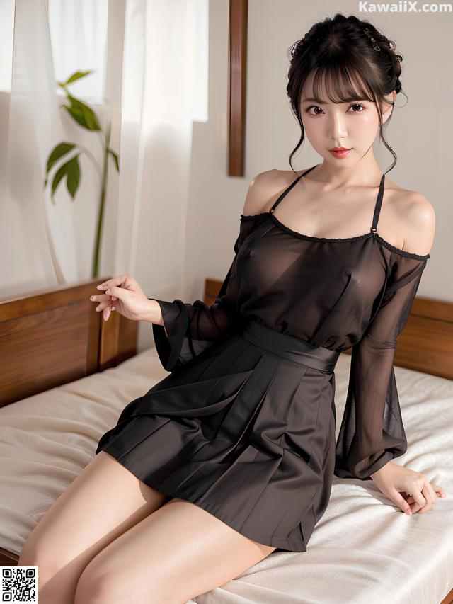 A woman in a black dress sitting on a bed.