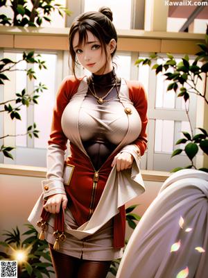A woman in a red and white dress standing in a room.