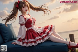 a woman in a red and white dress sitting on a chair