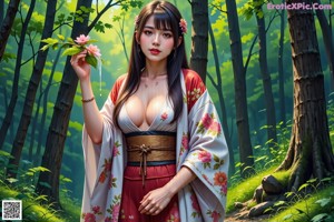 A woman in a kimono is posing naked in the woods.