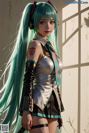 A woman with long blue hair wearing a green bra top.