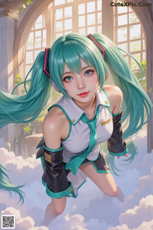 A woman with long blue hair wearing a green bra top.