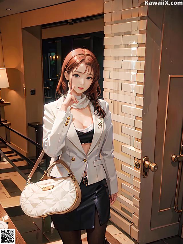 A woman in a white jacket and black skirt holding a white purse.