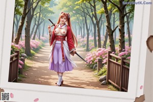 A woman in traditional attire holds a sword, standing amidst cherry blossoms.