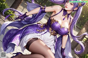 A woman in a purple outfit sitting on a tree branch.