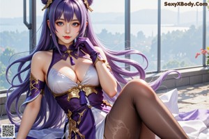 A woman with long purple hair wearing a purple outfit.