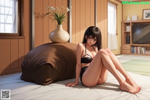 Anime girl with long black hair and big tits posing for the camera.