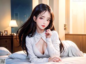 A woman in a bikini sitting on a bed.