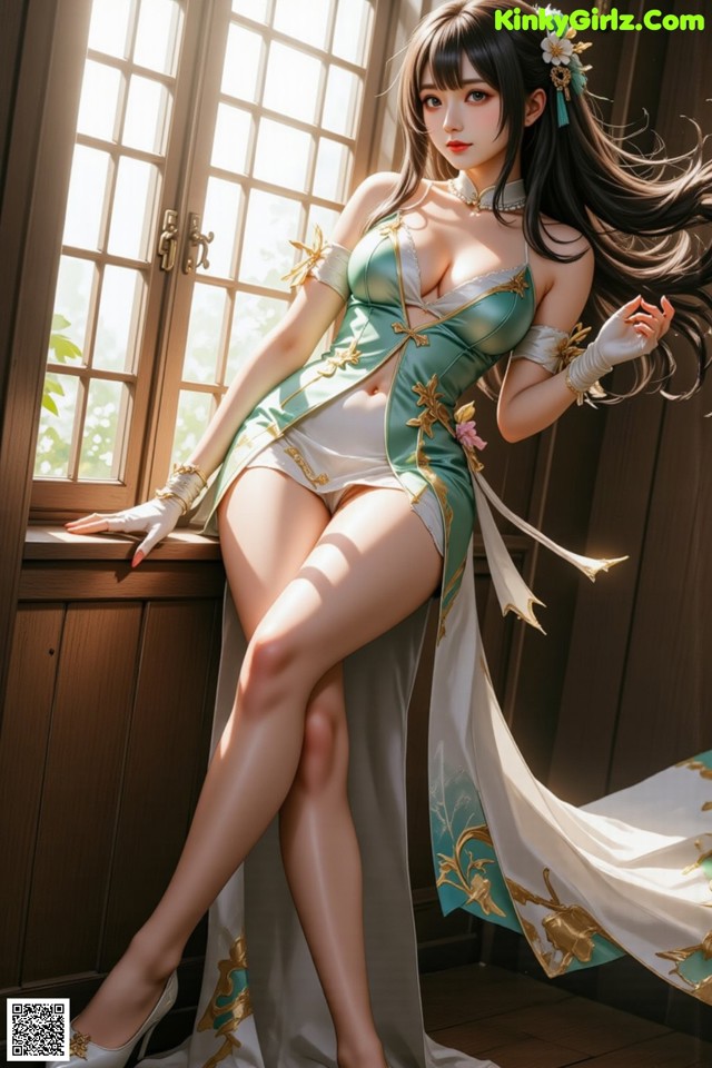 Hentai - The Frozen Elegance That Melts Starlight Set.2 20250106 Part 15 No.eee728 A woman in a green and white dress sitting on a window sill.