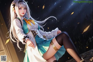 A woman with long white hair standing in front of a window.