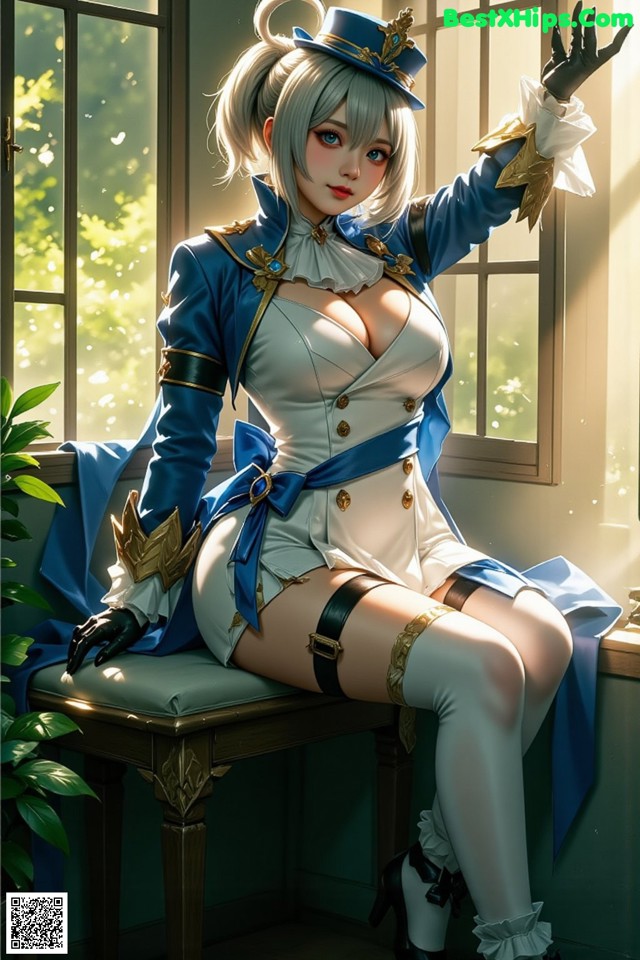 Hentai - Luminous Charm of the Aquatic Enchantress Set.1 20250125 Part 15 No.667f1b A woman in a blue and white outfit sitting on a window sill.