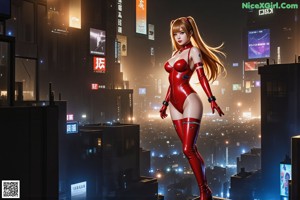 A woman in a red and black outfit standing in front of a city.