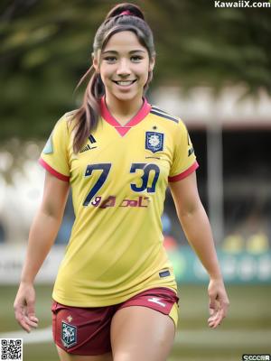 A woman in a football uniform sitting on a field.