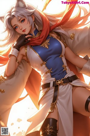 A woman in a blue and white outfit with a cat ears on her head.
