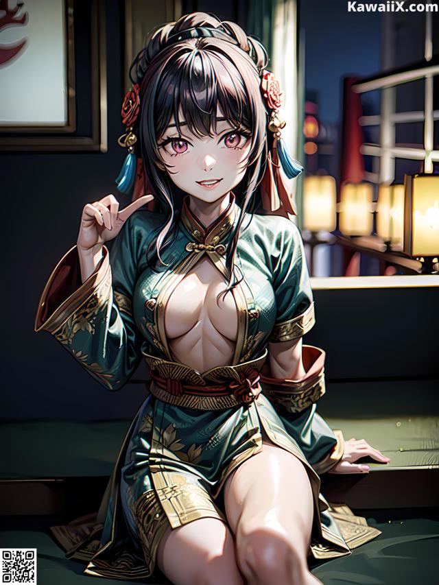 A woman in a kimono sitting on a bed.
