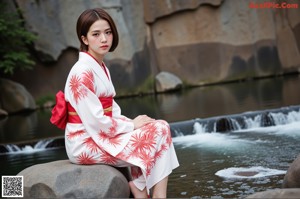 A woman in a white bra and panties sitting on a wooden bench.