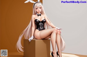 A woman in a bunny costume is sitting on a bed.