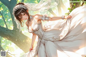 A woman in a wedding dress walking through a forest.