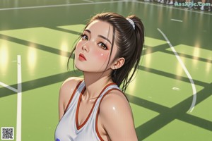 A girl in a basketball uniform holding a basketball in front of a crowd.