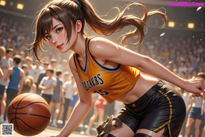 A girl in a basketball uniform holding a basketball in front of a crowd.