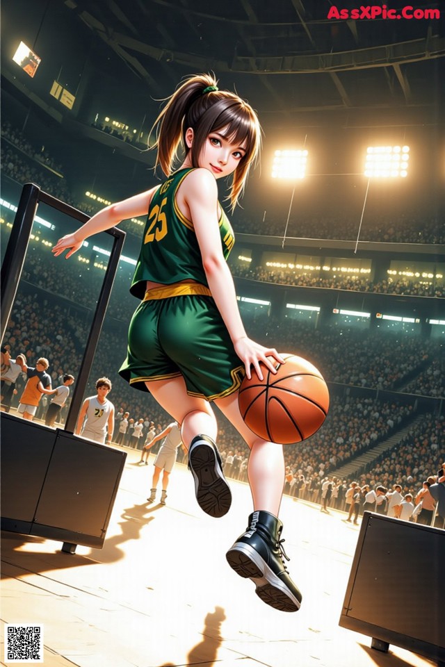 A woman in a green and yellow uniform holding a basketball.