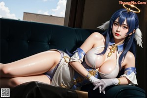 A woman in a white dress with blue hair and wings.
