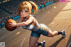 A woman in a basketball uniform holding a basketball on a court.