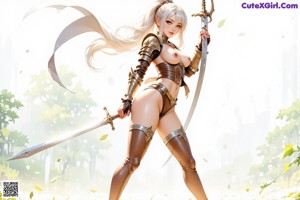 A woman with long silver hair wearing a revealing leather outfit and holding a sword.