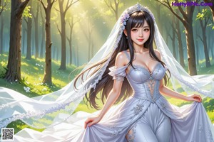 A woman in a wedding dress walking through a forest.