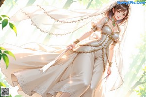 A woman in a wedding dress standing in the woods.