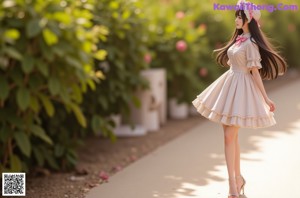 A woman in a white dress with a pink bow.