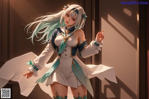 A woman with long green hair wearing a white dress.