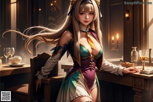 A woman with long white hair wearing a blue dress.