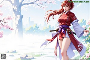 A woman with red hair walks outdoors, holding a staff, surrounded by cherry blossoms and stone pillars.