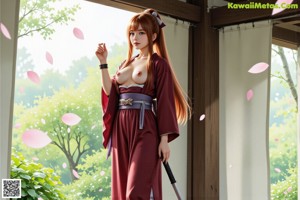 A woman in a red and purple outfit holds swords, standing outdoors with cherry blossoms.