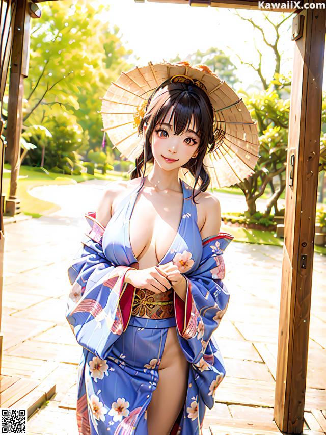 A woman in a blue kimono holding an umbrella.