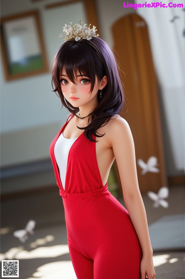 A woman in a red jumpsuit with a flower crown on her head.