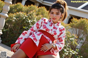 A woman in a red bikini sitting on the floor.