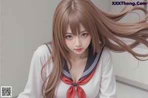 A woman in a sailor outfit posing for a picture.