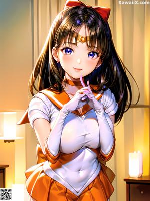 A woman in a sailor outfit holding a finger to her lips.