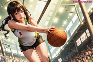 A woman holding a basketball on top of a basketball court.