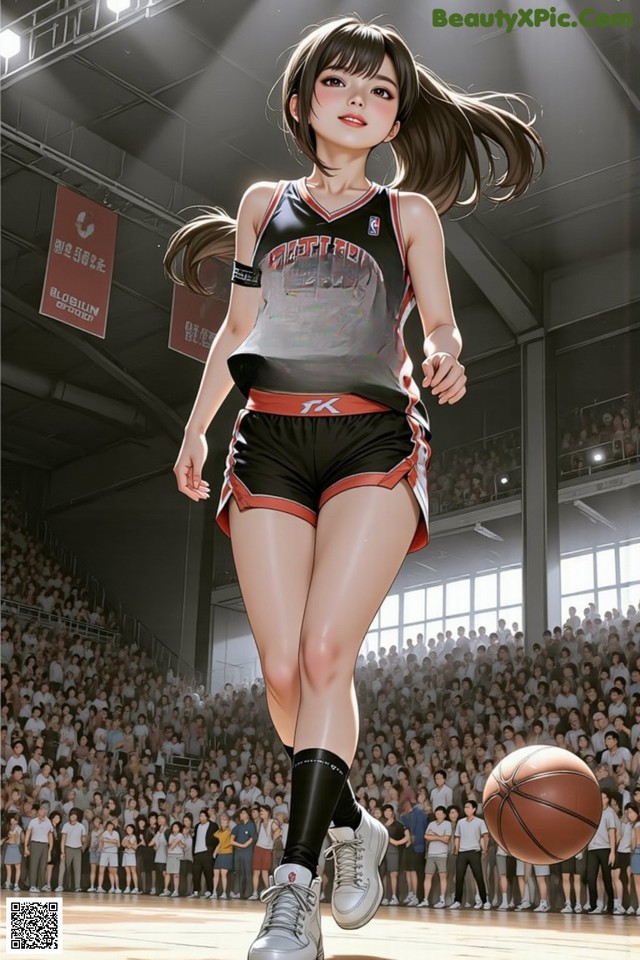 A woman in a basketball uniform holding a basketball in front of a crowd.