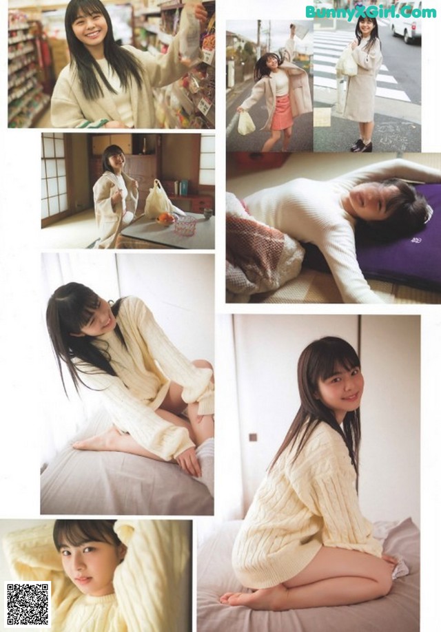 A collage of photos of a woman in a white sweater.