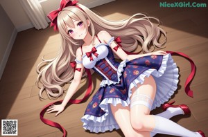 A girl in a dress with a red bow on her head.