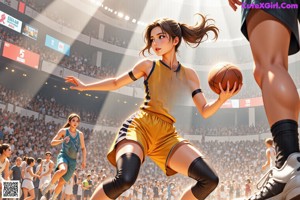 A girl in a basketball uniform dribbling a basketball on a court.