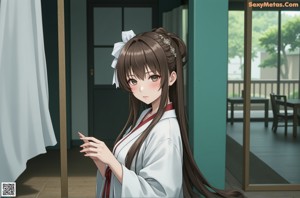 A woman in a kimono is standing on some steps.